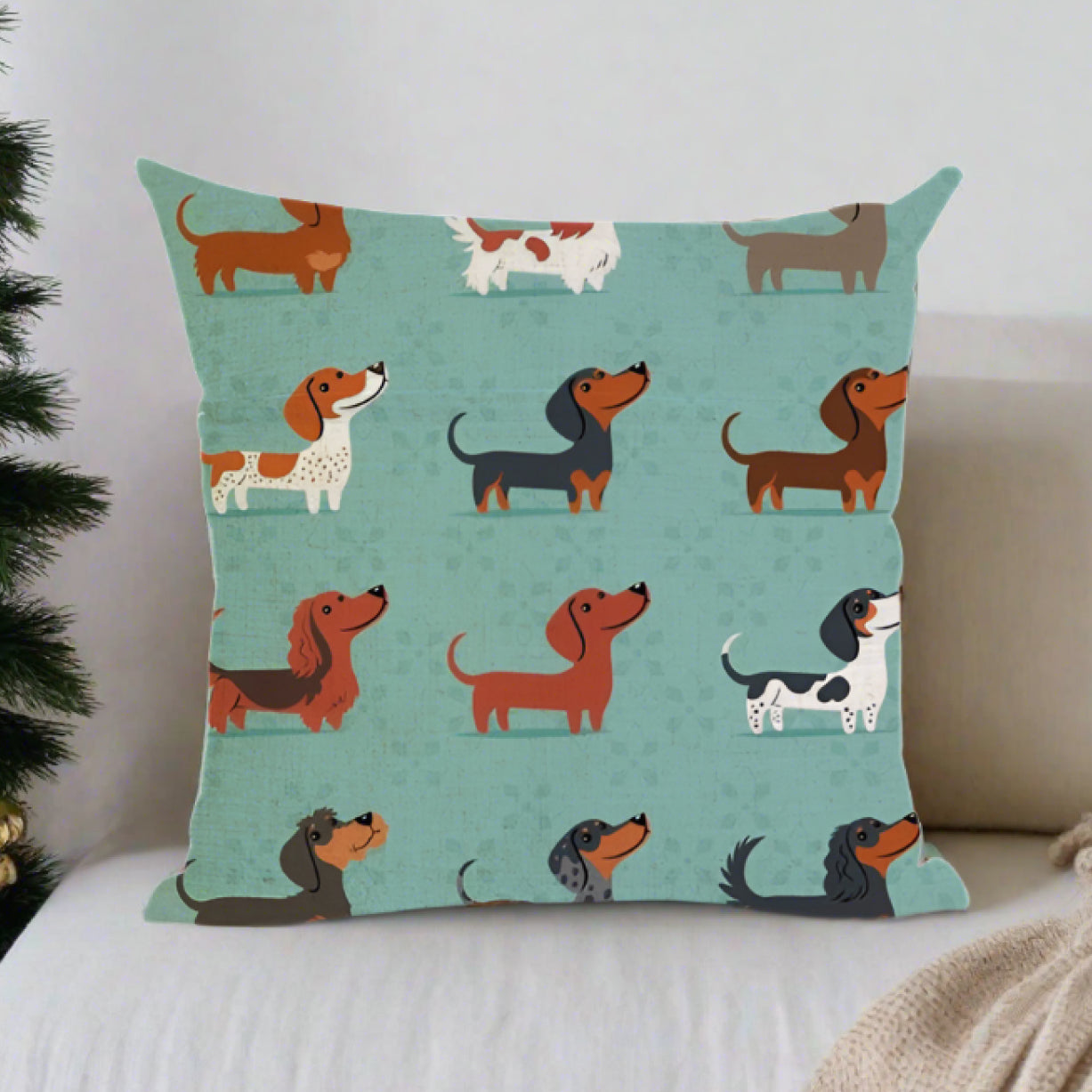 Christmas Dachshund Wiener Dog Green Pillow Cover