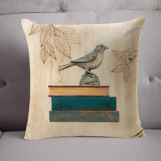 Bird Vintage With Books Pillow Cover