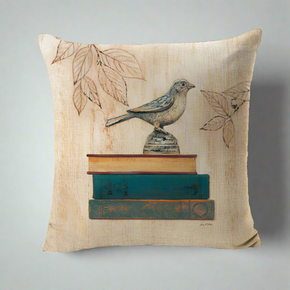 Bird Vintage With Books Pillow Cover