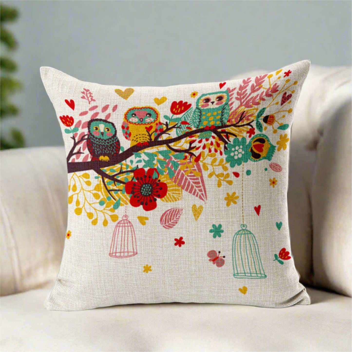Colorful Bird Owl Cage With Flowers Pillowcase