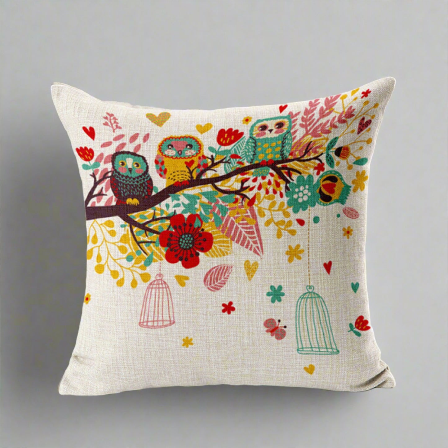 Colorful Bird Owl Cage With Flowers Pillowcase