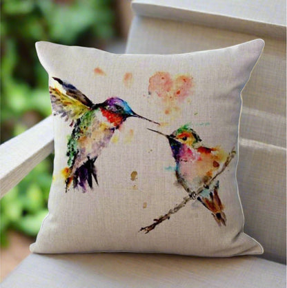 Cute Two Hummingbird Birds Painting Pillow Cover