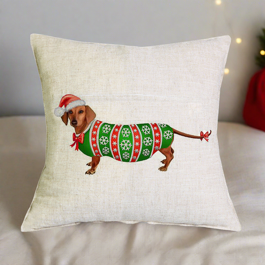 Christmas Dachshund - Green Shirt Pillow Cover