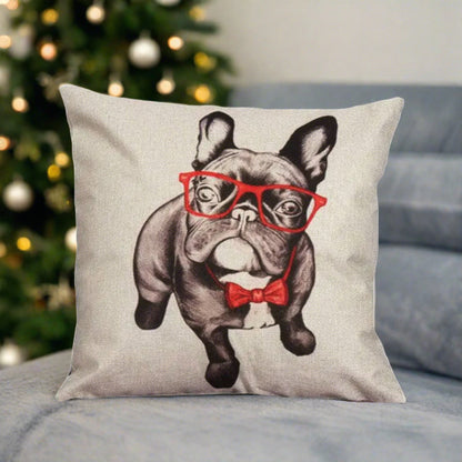 Frenchie French Bulldog With Red Glasses Throw Pillow