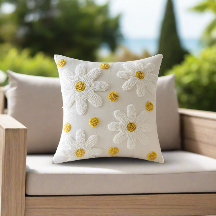 Embroidery White Daisy Flower Throw Pillow Covers