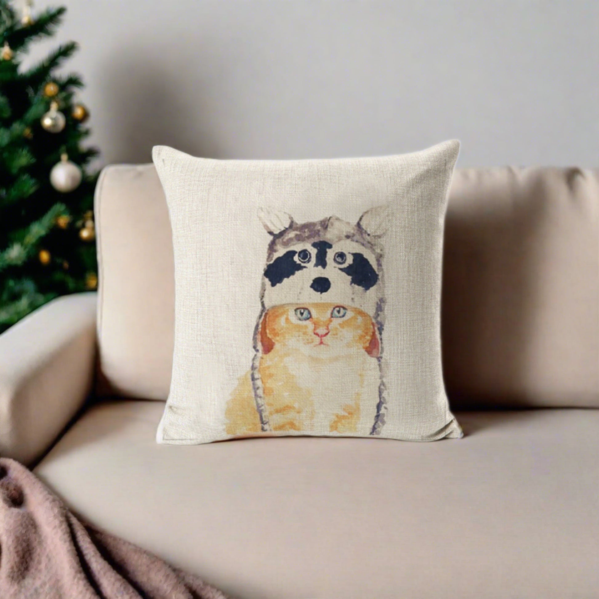 Yellow Cat With Raccoon Hat Throw Pillow Cover