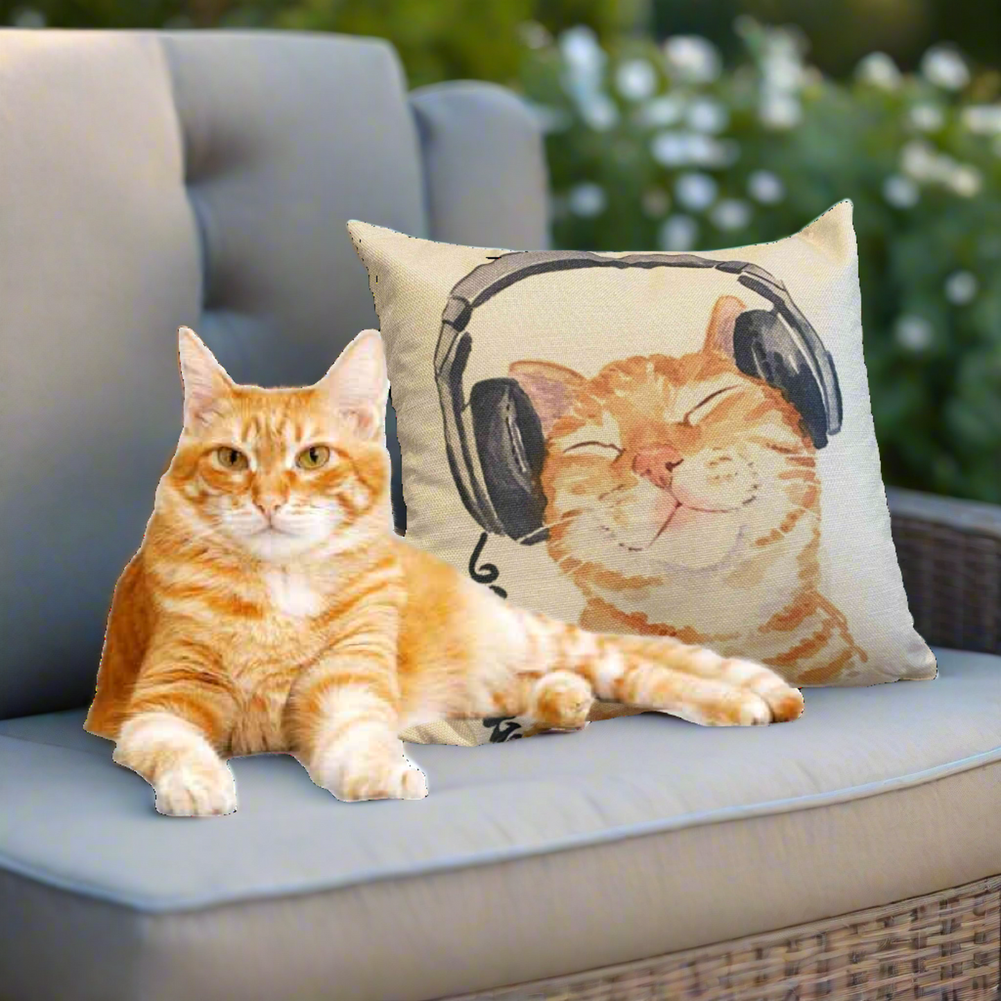 Ginger Tabby Cat With Headphone Pillow Cover