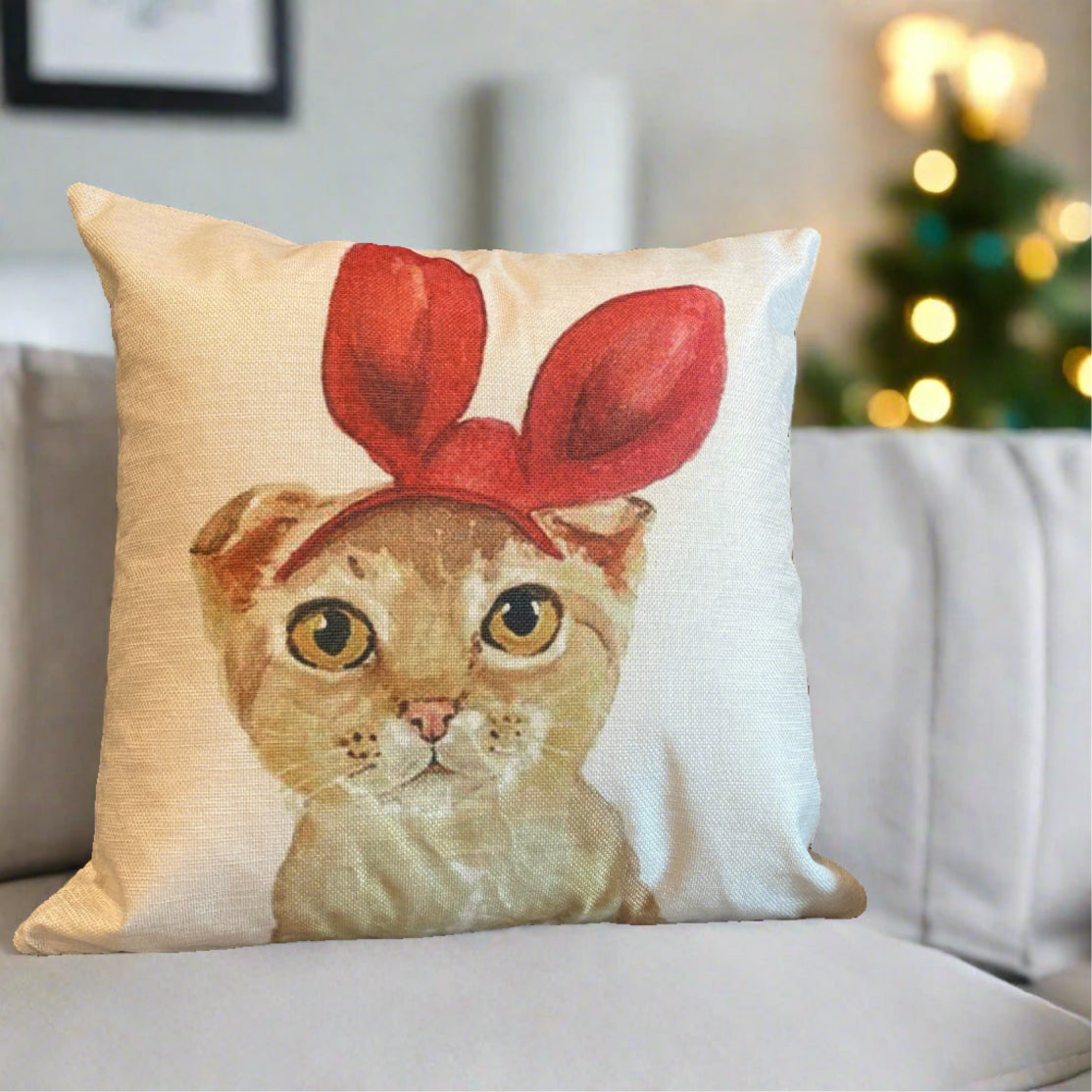 Lovely Orange Tabby Cat With Red Bunny Ear Pillow Cover