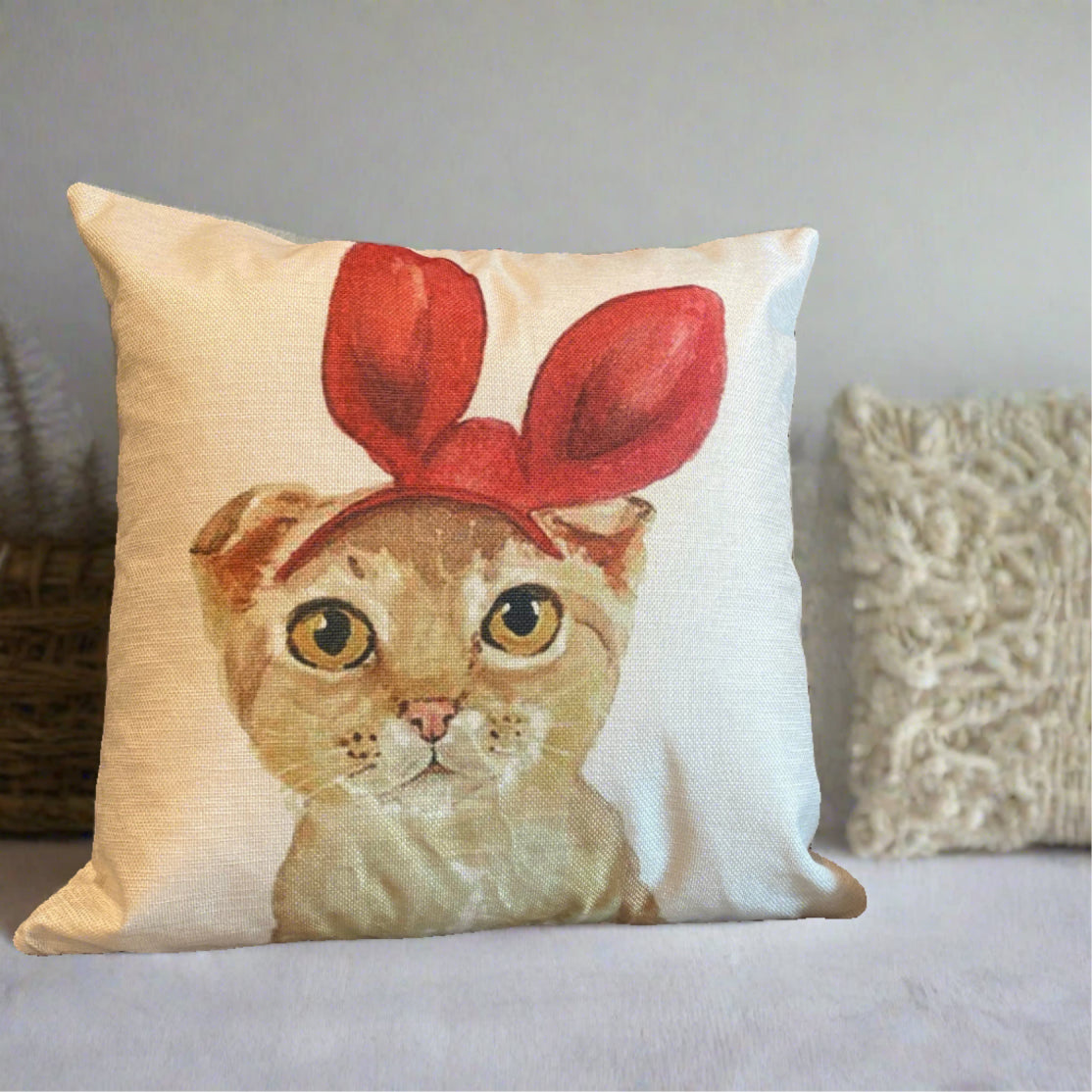 Lovely Orange Tabby Cat With Red Bunny Ear Pillow Cover