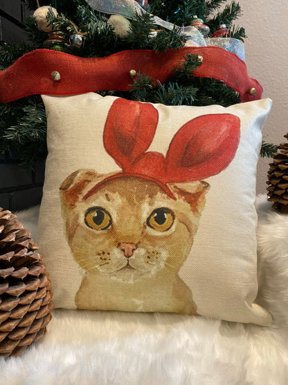 Lovely Orange Tabby Cat With Red Bunny Ear Pillow Cover