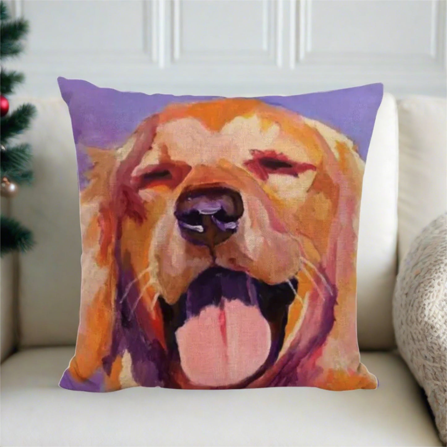 Purple Golden Retriever Happy Face Pillow Cover