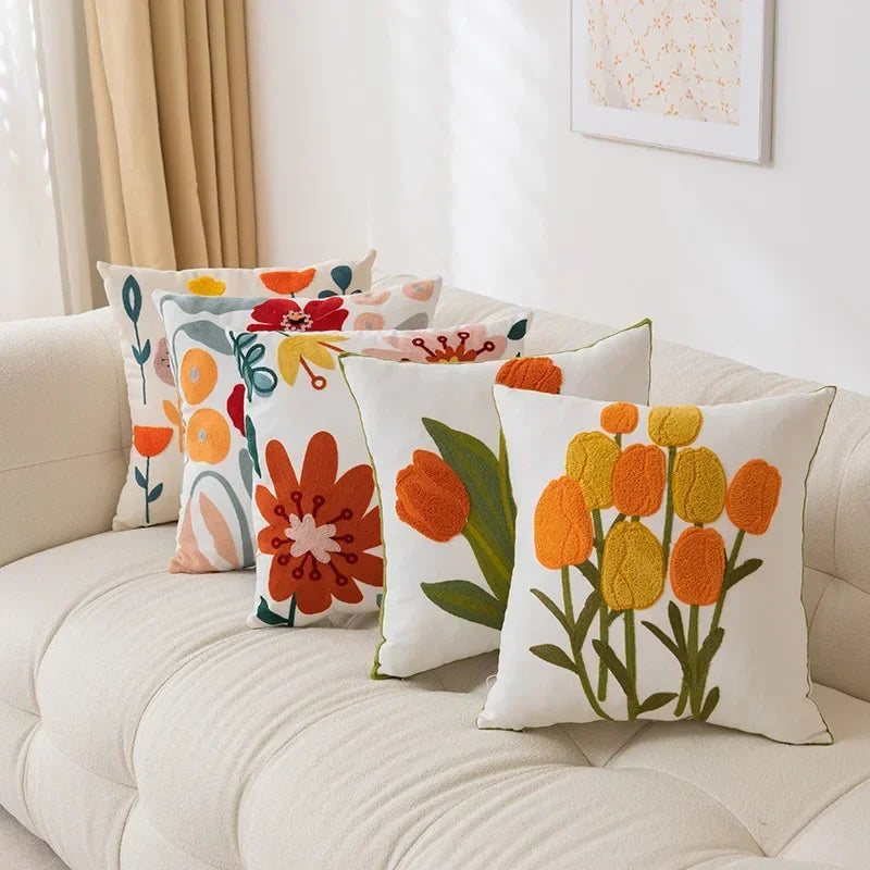 Yellow Vase Embroidery Flower Throw Pillow Cover