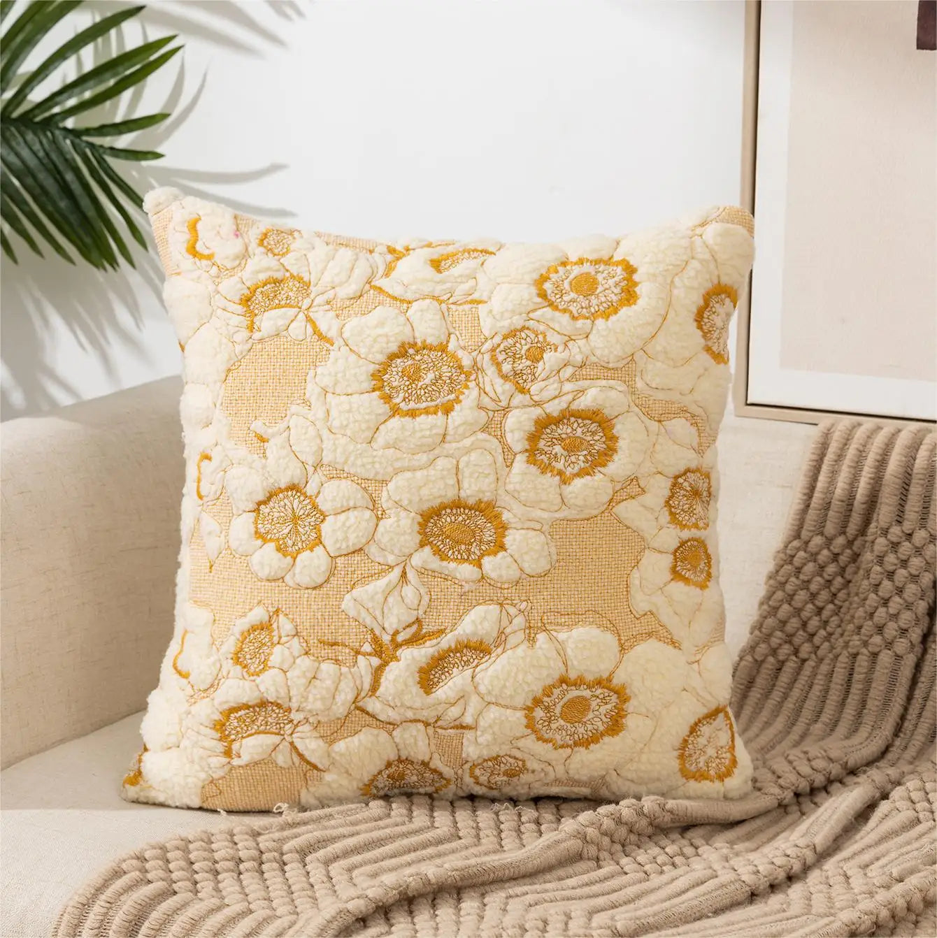 Yellow Vase Embroidery Flower Throw Pillow Cover