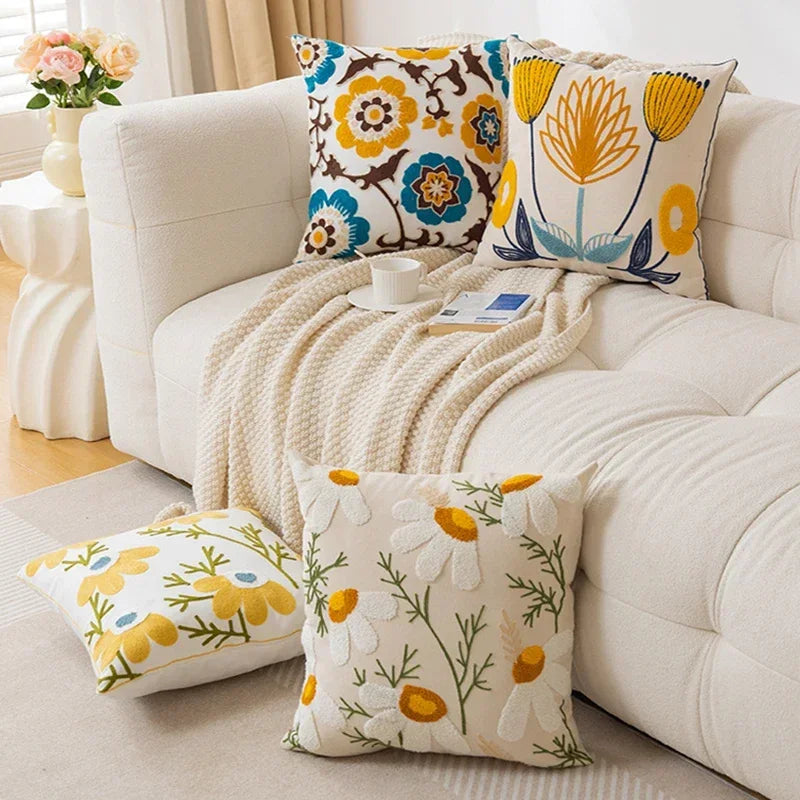 Yellow Vase Embroidery Flower Throw Pillow Cover