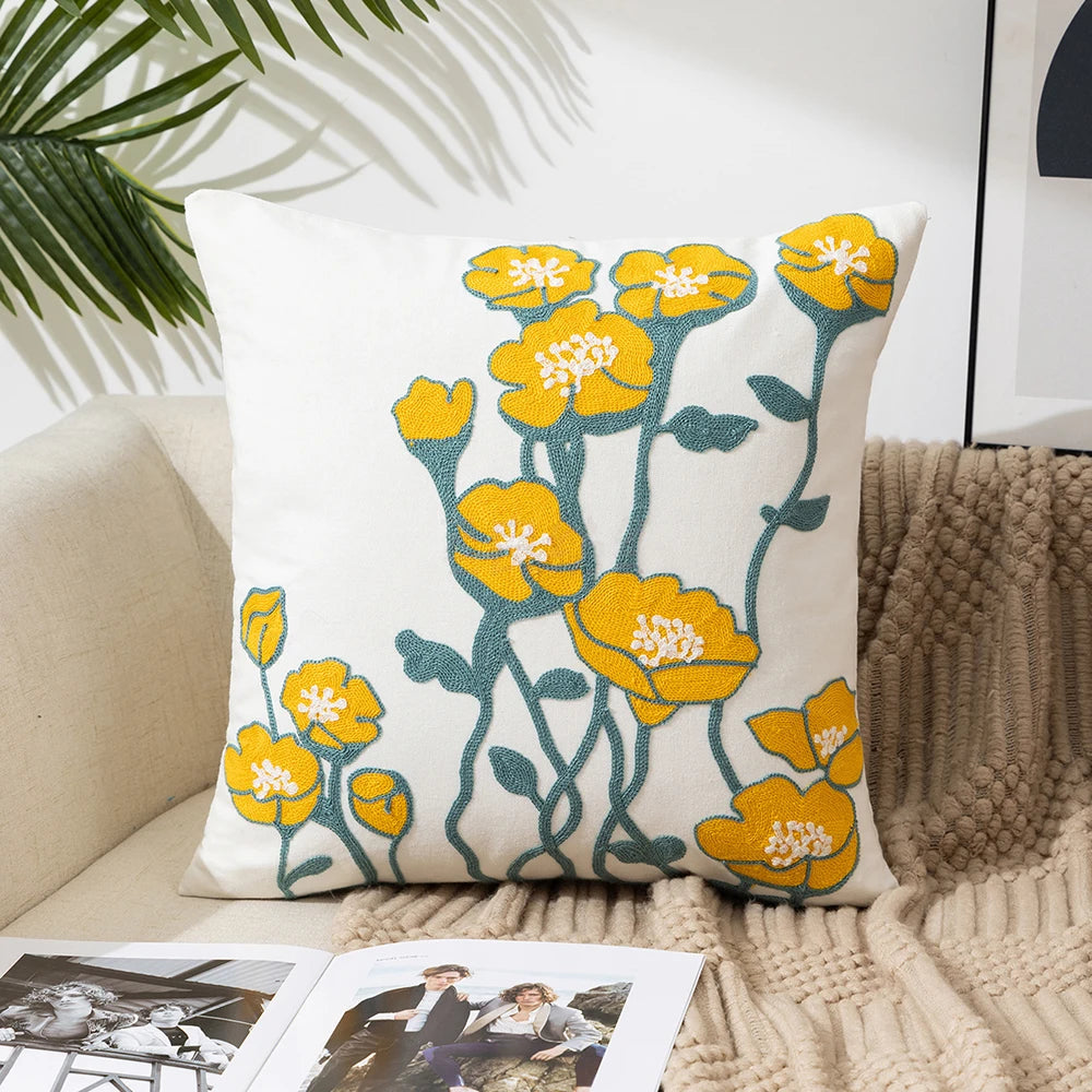 Yellow Vase Embroidery Flower Throw Pillow Cover