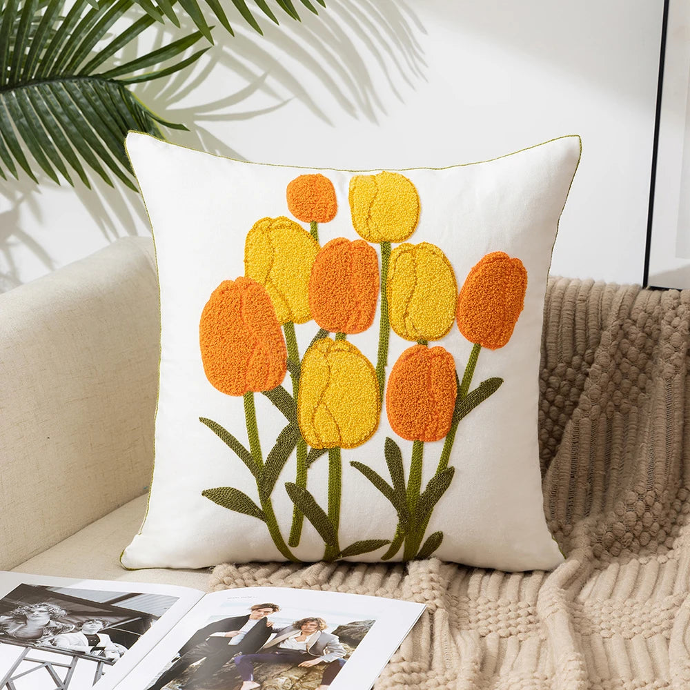 Yellow Vase Embroidery Flower Throw Pillow Cover