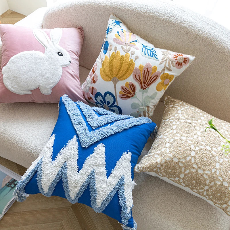 Embroidery Flower and Bunny Throw Pillow Cover