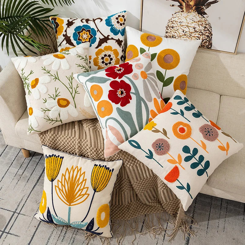 Yellow Vase Embroidery Flower Throw Pillow Cover