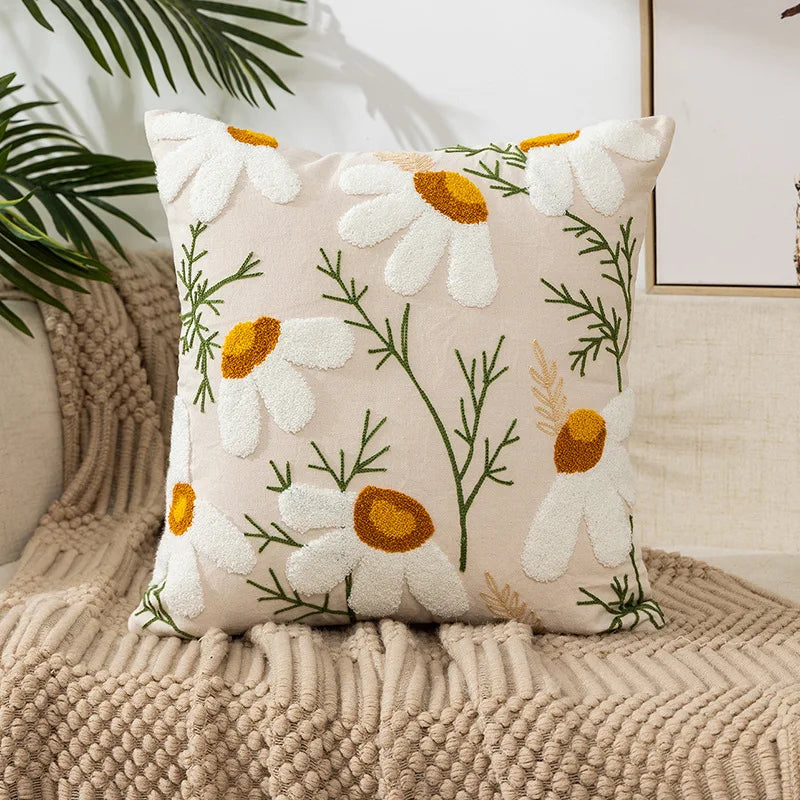 Yellow Vase Embroidery Flower Throw Pillow Cover