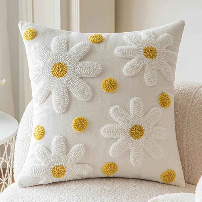 Embroidery White Daisy Flower Throw Pillow Covers