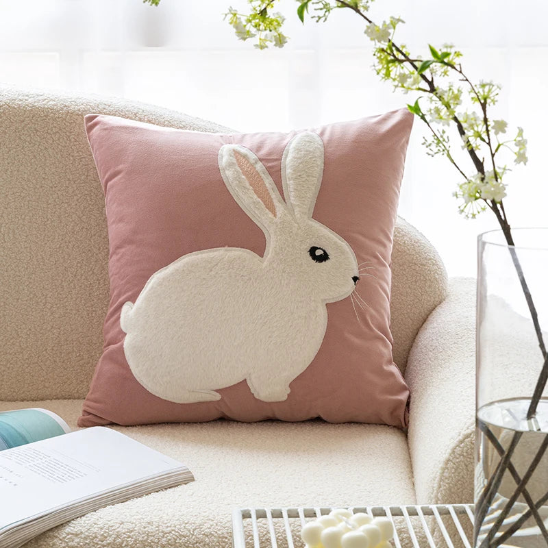 Embroidery Flower and Bunny Throw Pillow Cover