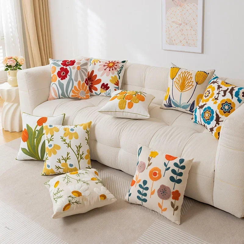 Yellow Vase Embroidery Flower Throw Pillow Cover