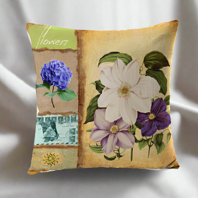 Vintage Lily and Hydrangea Flower Pillow Cover