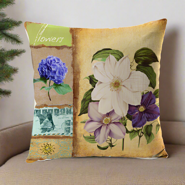 Vintage Lily and Hydrangea Flower Pillow Cover