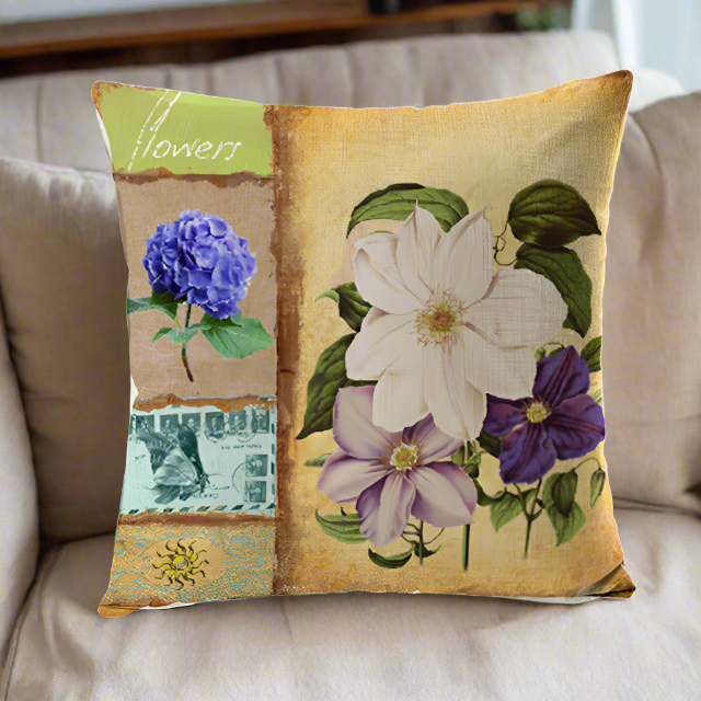 Vintage Lily and Hydrangea Flower Pillow Cover