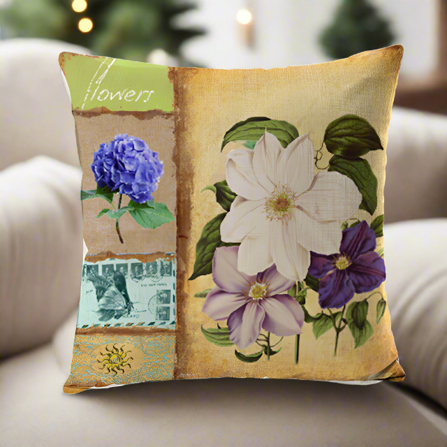 Vintage Lily and Hydrangea Flower Pillow Cover