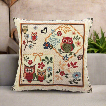 Vintage Graphic Three Owl On Branch Square Pillow Cover