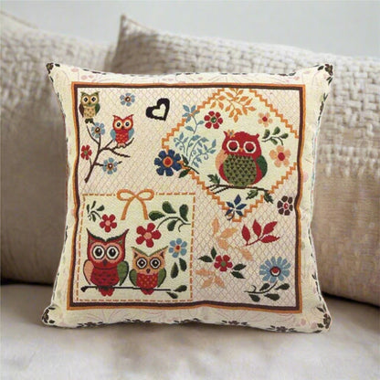 Vintage Graphic Three Owl On Branch Square Pillow Cover