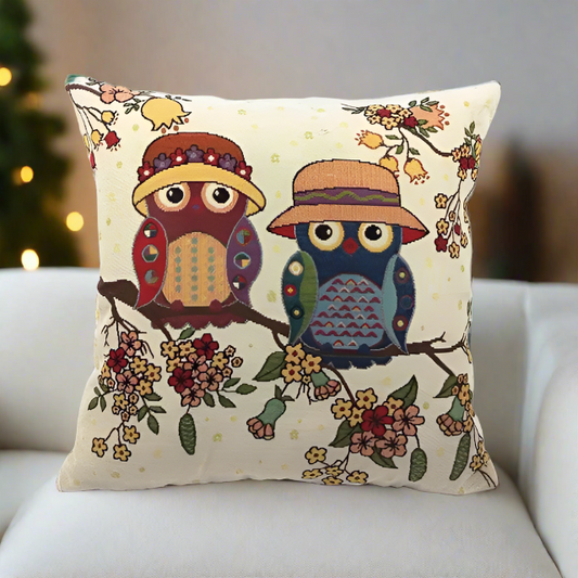 Vintage Graphic Two Owls On Branch With Flowers Pillow Cover