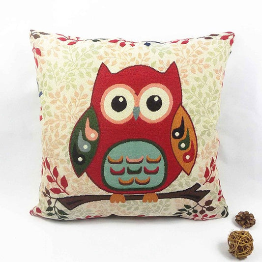 Vintage Graphic Red Owl On Branch Pillow Cover