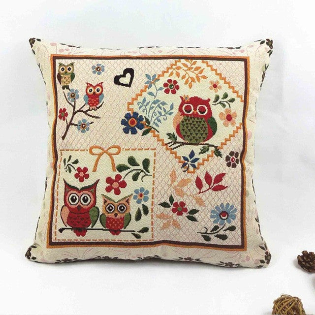 Vintage Graphic Two Owl On Branch Square Pillow Cover