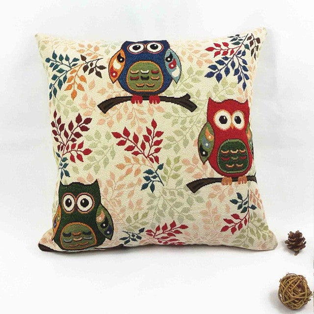 Vintage Graphic Three Owl On Branch Pillow Cover