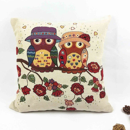 Vintage Graphic Two Owl On Branch With Flowers White Pillow Cover