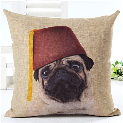 Pug Home Red Hat Decorative Pillow Cover