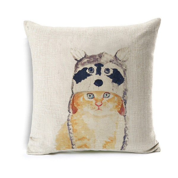 Yellow Cat With Raccoon Hat Throw Pillow Cover